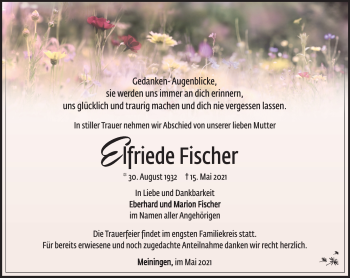 Traueranzeige von Elfriede Fischer von Südthüringer Presse
