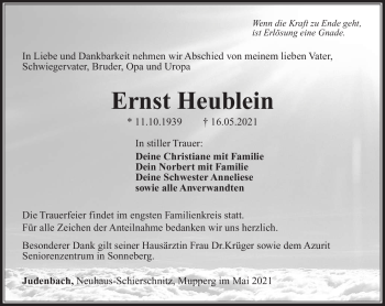 Traueranzeige von Ernst Heublein von Südthüringer Presse