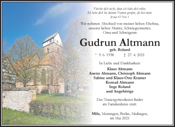 Traueranzeige von Gudrun Altmann von Südthüringer Presse