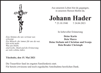 Traueranzeige von Johann Hader von Neue Presse Coburg