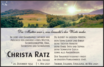 Traueranzeige von Christa Ratz von Südthüringer Presse