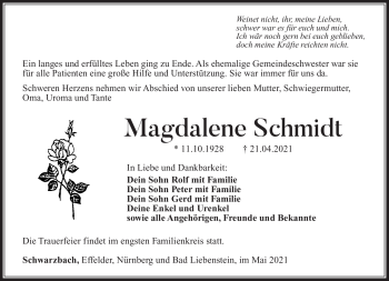 Traueranzeige von Magdalene Schmidt von Südthüringer Presse