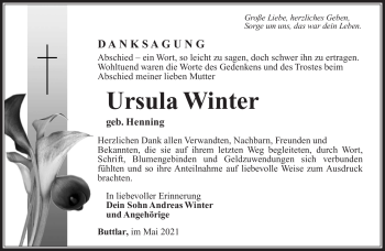 Traueranzeige von Ursula Winter von Südthüringer Presse