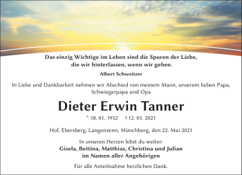 Traueranzeige von Dieter TAnner von Frankenpost