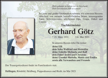 Traueranzeige von Gerhard Götz von Südthüringer Presse