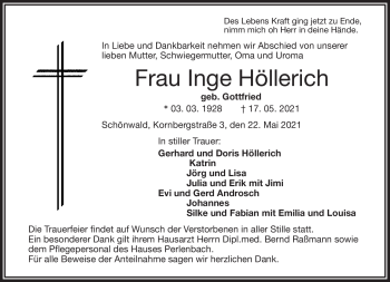 Traueranzeige von Inge Höllerich von Frankenpost