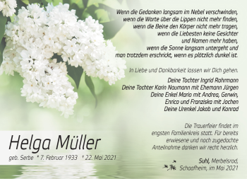 Traueranzeige von Helga Müller von Südthüringer Presse