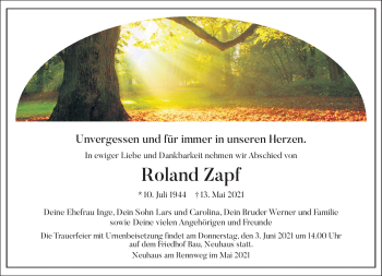 Traueranzeige von Roland Zapf von Südthüringer Presse