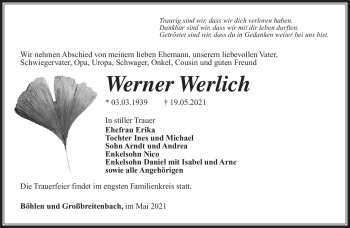 Traueranzeige von Werner Werlich von Südthüringer Presse