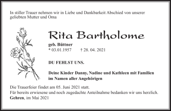 Traueranzeige von Rita Bartholome von Südthüringer Presse