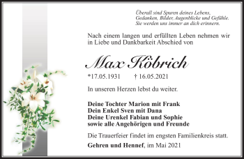 Traueranzeige von Max Köbrich von Südthüringer Presse