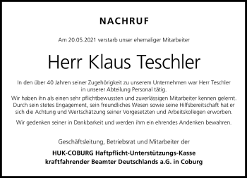 Traueranzeige von Hans Teschler von Neue Presse Coburg