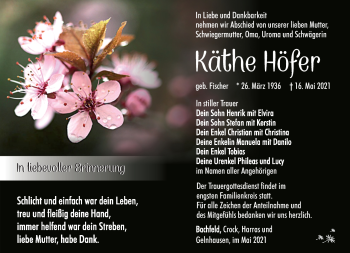 Traueranzeige von Käthe Höfer von Südthüringer Presse