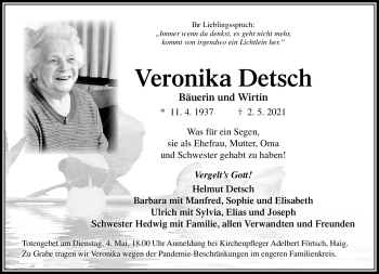 Traueranzeige von Veronika Detsch von Neue Presse Coburg