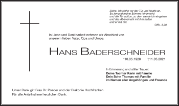 Traueranzeige von Hans Baderschneider von Frankenpost