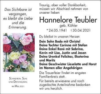 Traueranzeige von Hannelore Teubler von Südthüringer Presse