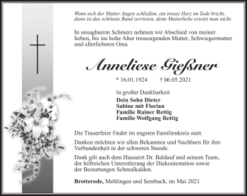 Traueranzeige von Anneliese Gießner von Südthüringer Presse