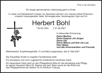Traueranzeige von Herbert Bohl von Neue Presse Coburg