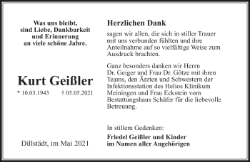 Traueranzeige von Kurt Geißler von Südthüringer Presse