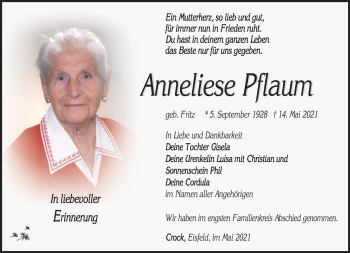 Traueranzeige von Anneliese Pflaum von Südthüringer Presse
