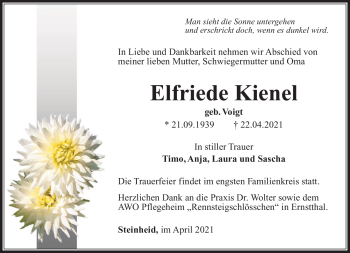 Traueranzeige von Elfriede Kienel von Südthüringer Presse