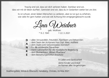Traueranzeige von Lina Weidner von Südthüringer Presse