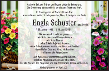 Traueranzeige von Engla Schuster von Südthüringer Presse