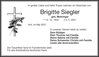 Traueranzeige von Brigitte Siegler von Frankenpost