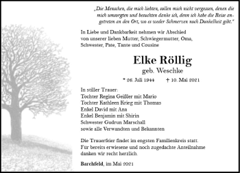 Traueranzeige von Elke Röllig von Südthüringer Presse