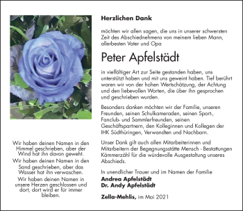 Traueranzeige von Peter Apfelstädt von Südthüringer Presse