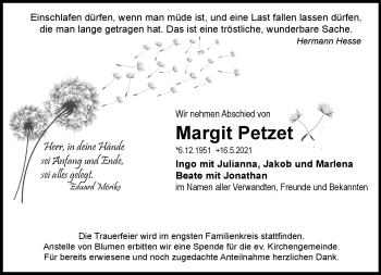 Traueranzeige von Margit Petztet von Frankenpost