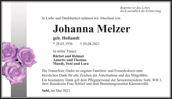 Traueranzeige von Johanna Melzer von Südthüringer Presse