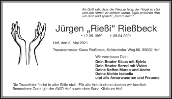 Traueranzeige von Jürgen Rießbeck von Frankenpost