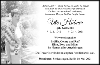 Traueranzeige von Ute Hübner von Südthüringer Presse