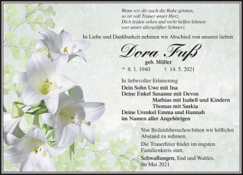 Traueranzeige von Dora Fß von Südthüringer Presse