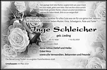 Traueranzeige von Inge Schleicher von Südthüringer Presse