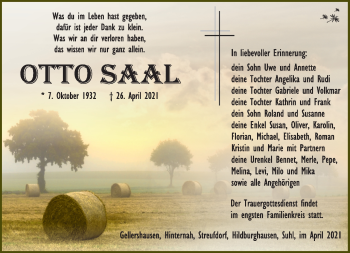 Traueranzeige von Otto Saal von Südthüringer Presse