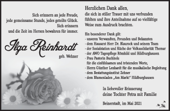 Traueranzeige von Ilga Reinhardt von Südthüringer Presse