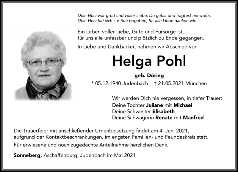  Traueranzeige für Helga Pohl vom 29.05.2021 aus Südthüringer Presse
