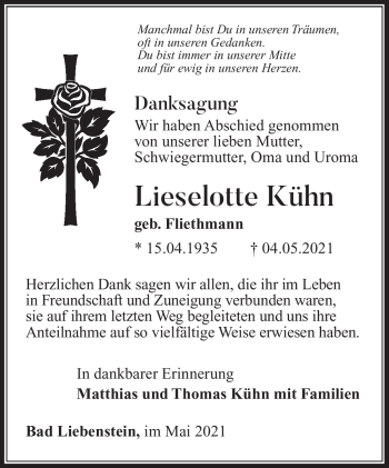 Traueranzeige von Lieselotte Kühn von Südthüringer Presse