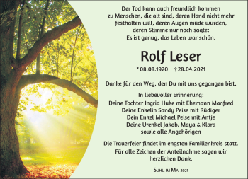 Traueranzeige von Rolf Leser von Südthüringer Presse