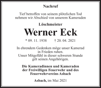 Traueranzeige von Werner Eck von Südthüringer Presse