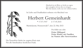 Traueranzeige von Herbert Gemeinhardt von Frankenpost