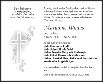 Traueranzeige von Marianne Winius von Südthüringer Presse