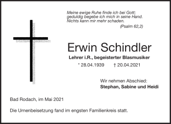 Traueranzeige von Erwin Schindler von Neue Presse Coburg