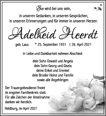 Traueranzeige von Adelheid Heerdt von Südthüringer Presse