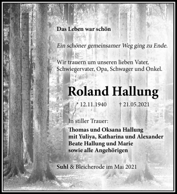 Traueranzeige von Roland Hallung von Südthüringer Presse