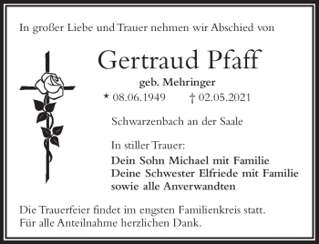 Traueranzeige von Gertraud Pfaff von Frankenpost
