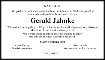 Traueranzeige von Gerald Jahnke von Südthüringer Presse