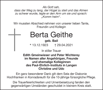 Traueranzeige von Berta Geithe von Frankenpost